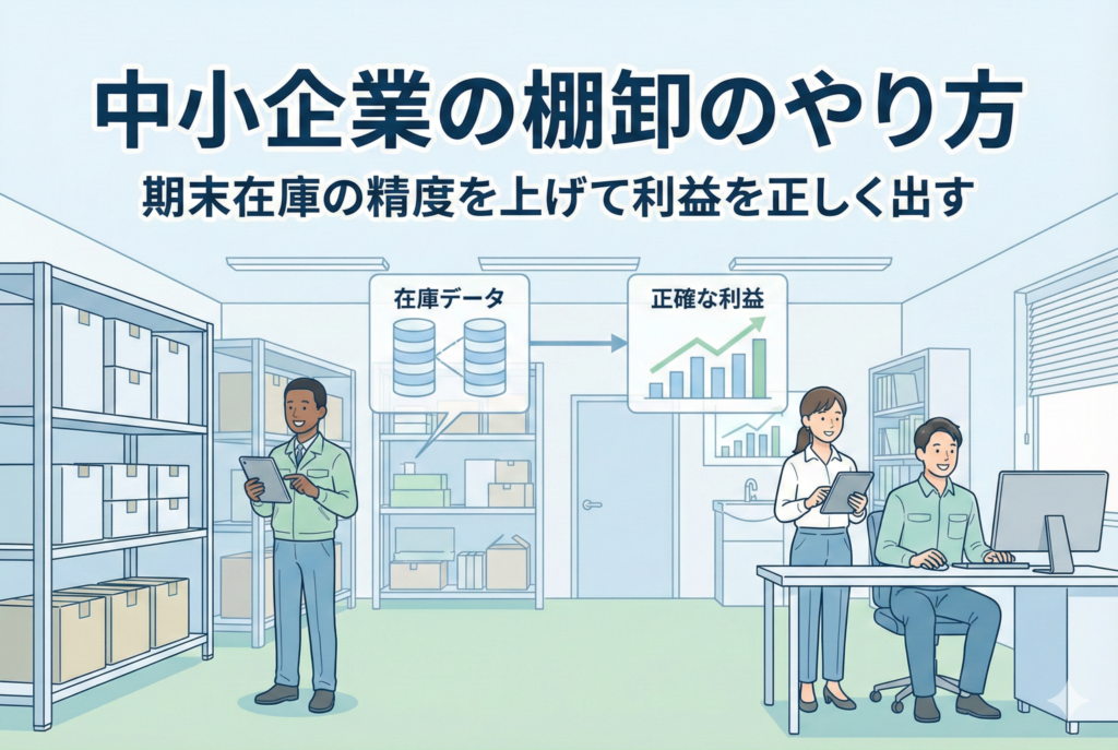整理された倉庫でタブレットを使って在庫を確認するスタッフと、パソコンで利益グラフを分析する事務スタッフが描かれた、中小企業の棚卸しをイメージしたアイキャッチ画像。上部に「中小企業の棚卸のやり方」「期末在庫の精度を上げて利益を正しく出す」という文字が入っています。