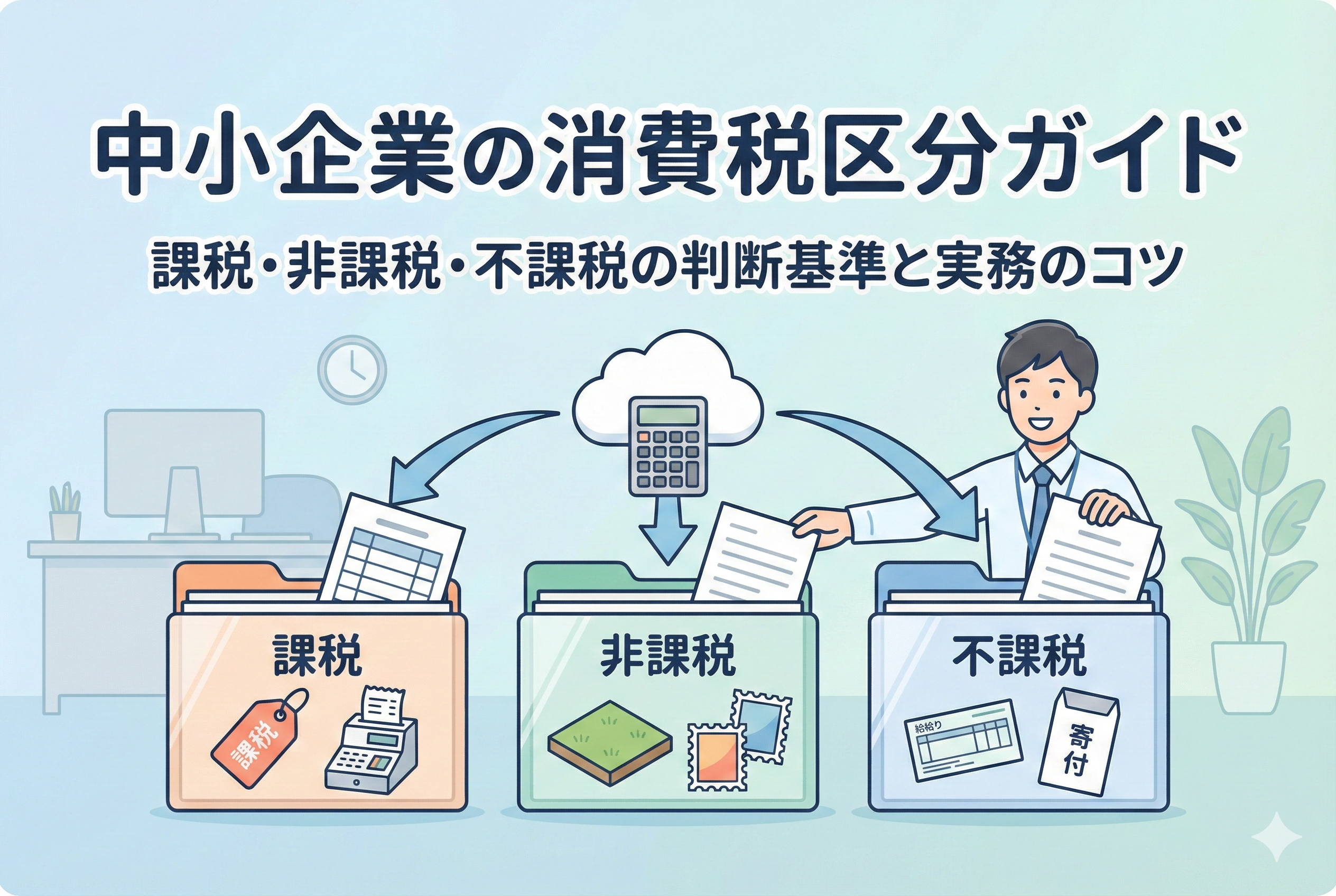 中小企業向けの消費税区分（課税・非課税・不課税）を解説するガイド記事のアイキャッチ画像です。経理担当者の男性が、クラウドや電卓を使いながら書類を3つの区分に正しく分類している様子が親しみやすいイラストで描かれています。