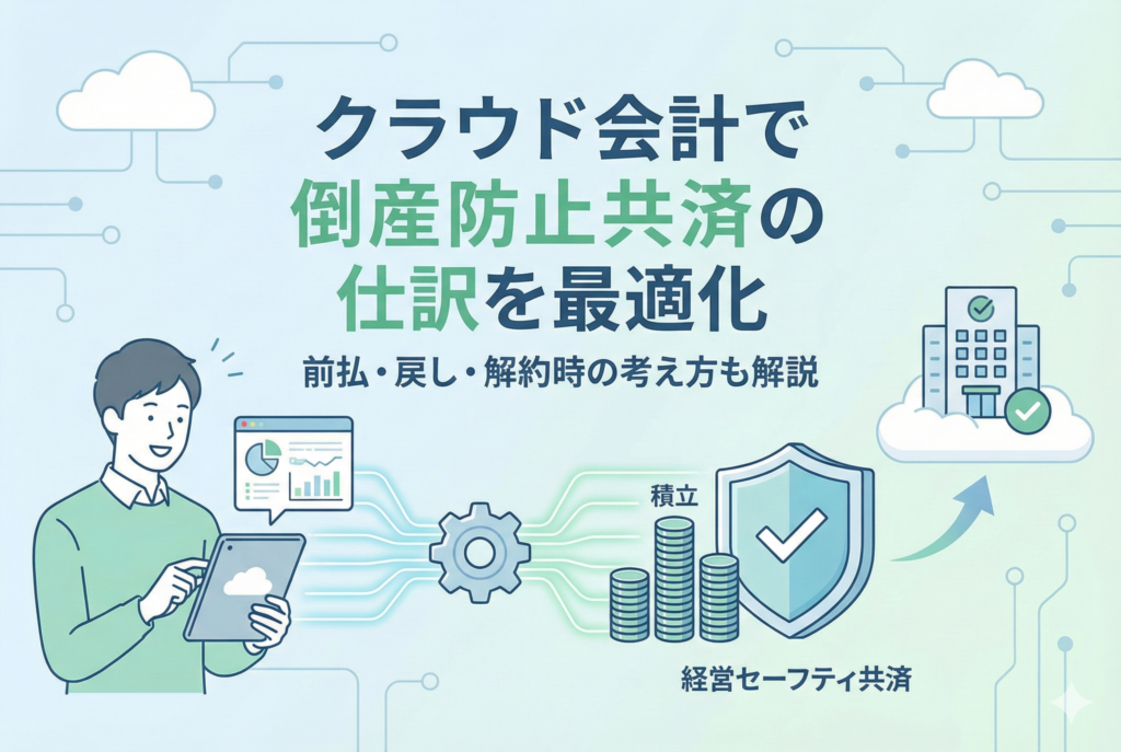 「クラウド会計で倒産防止共済の仕訳を最適化」というタイトル文字が入った、男性がタブレットを操作し、クラウド上で倒産防止共済の積立が会社の安定（盾とオフィスビル）につながる流れを描いた清潔感のあるイラスト。