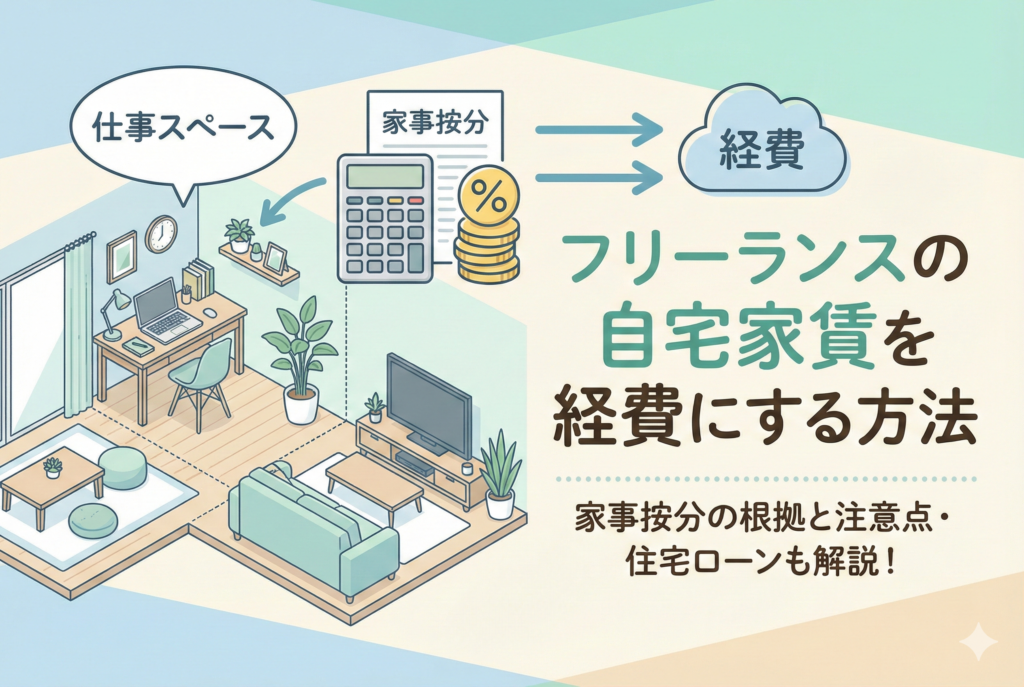 「フリーランスの自宅家賃を経費にする方法」というタイトルと、「家事按分の根拠と注意点・住宅ローンも解説!」というサブタイトルが書かれたアイキャッチ画像。イラストでは、自宅のリビングの一角にある「仕事スペース」を指し示し、電卓とパーセント記号を使って「家事按分」を計算し、それをクラウドのアイコンで示された「経費」へ計上する流れが分かりやすく図解されている。