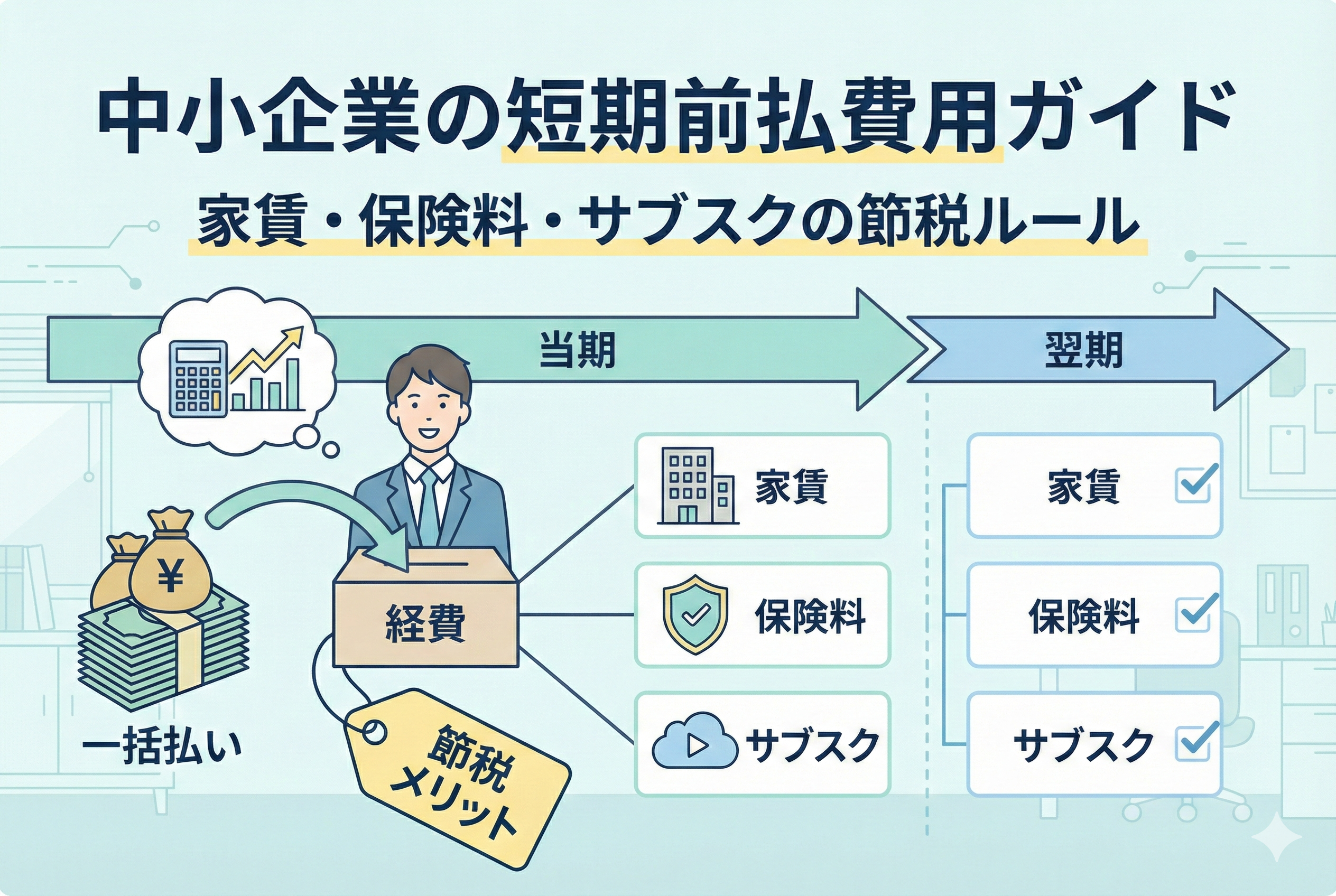 中小企業向けの短期前払費用（家賃、保険料、サブスクリプション）を活用した節税ガイドのアイキャッチ画像です。翌年分の費用を一括で支払うことで当期の経費とし、節税メリットを享受する仕組みが、親しみやすいイラストとタイムラインの図で分かりやすく解説されています。