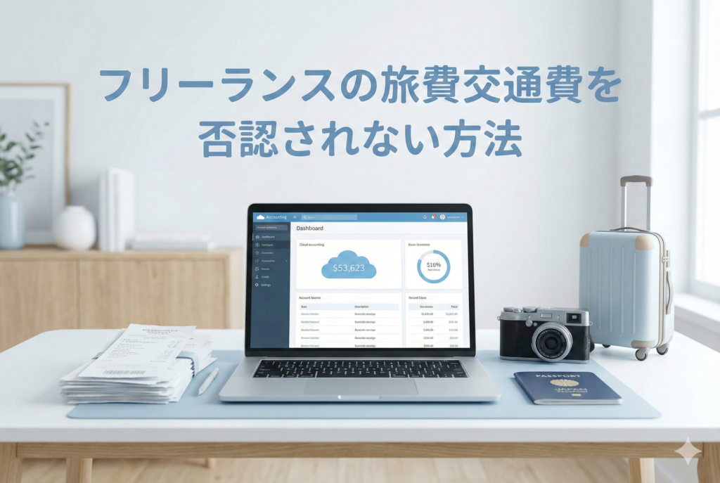 明るく清潔感のあるデスクに、クラウド会計ソフトを表示したノートパソコンと、きれいに整理された領収書の束、カメラ、スーツケースが配置され、「フリーランスの旅費交通費を否認されない方法」という日本語の見出しが入ったアイキャッチ画像。
