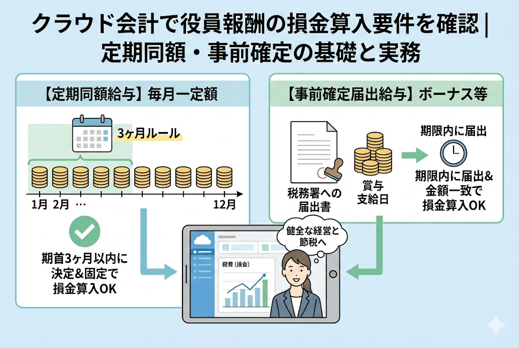 クラウド会計ソフトで役員報酬の損金算入ルールを管理するイメージイラスト。ノートパソコンを操作する人物の横に、「定期同額給与」と「事前確定届出給与」の2つの要件を示す図解と、期限管理を象徴するカレンダーが描かれた、清潔感のある精緻なデザイン。