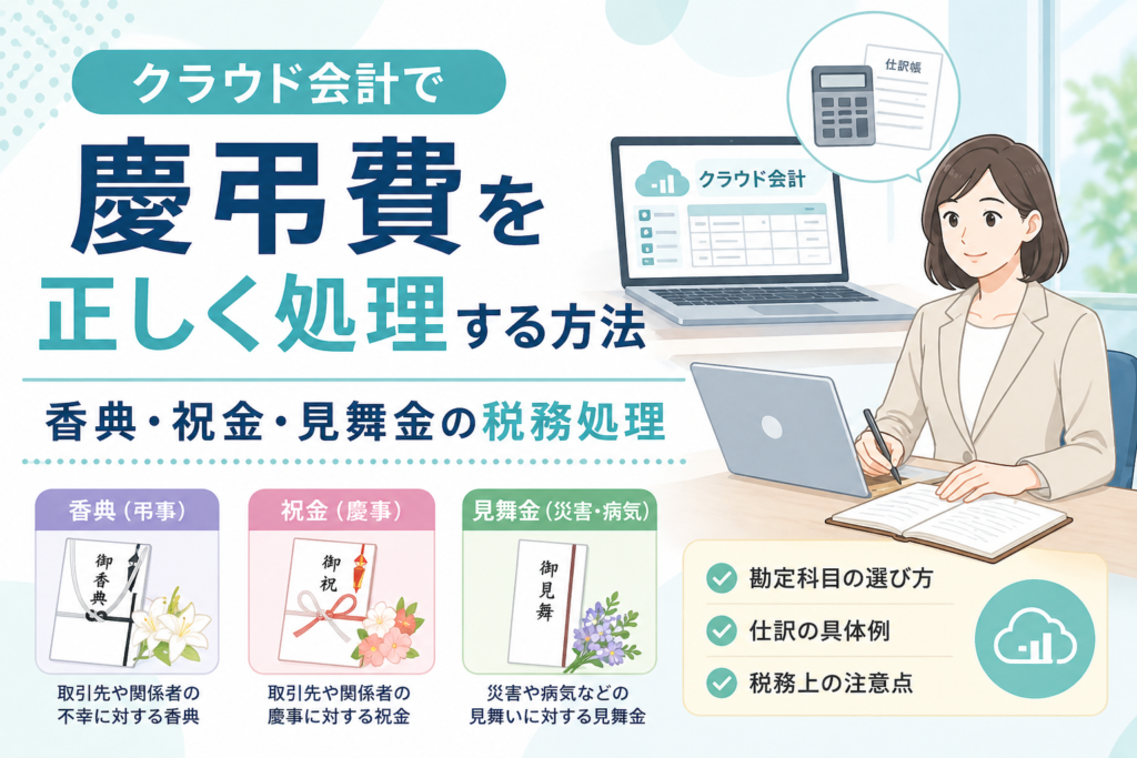 クラウド会計で慶弔費を処理する際の、香典・祝金・見舞金の勘定科目や税務処理の判断ポイントをわかりやすく示したアイキャッチ画像