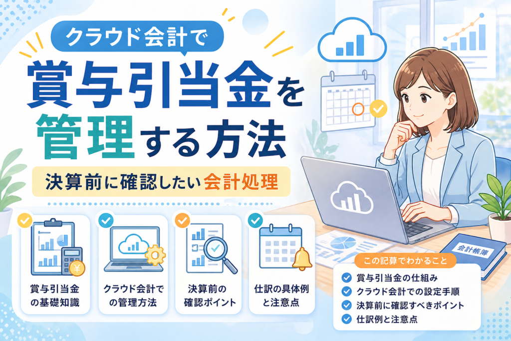 クラウド会計で賞与引当金を管理する方法や、決算前に確認したい会計処理・仕訳・注意点をわかりやすく示したアイキャッチ画像