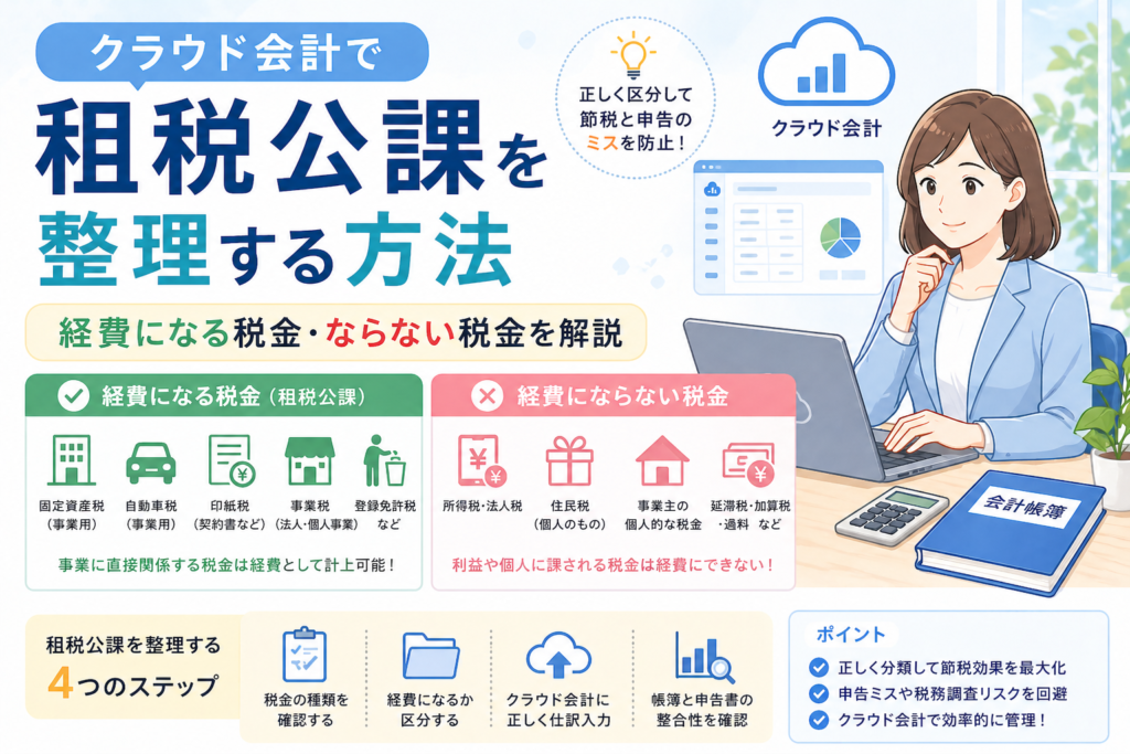 クラウド会計で租税公課を整理し、経費になる税金と経費にならない税金の違いや仕訳の注意点をわかりやすく示したアイキャッチ画像
