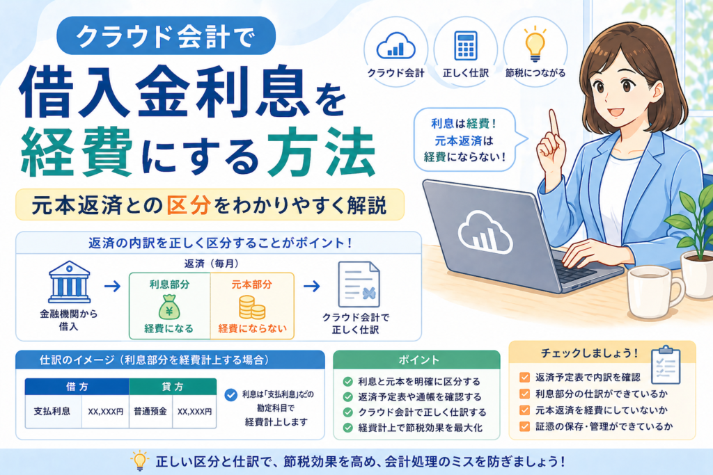 クラウド会計で借入金利息を経費計上する方法や、元本返済と利息部分の区分、仕訳の注意点をわかりやすく示したアイキャッチ画像