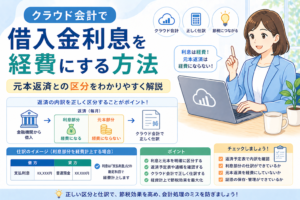 クラウド会計で借入金利息を経費計上する方法や、元本返済と利息部分の区分、仕訳の注意点をわかりやすく示したアイキャッチ画像