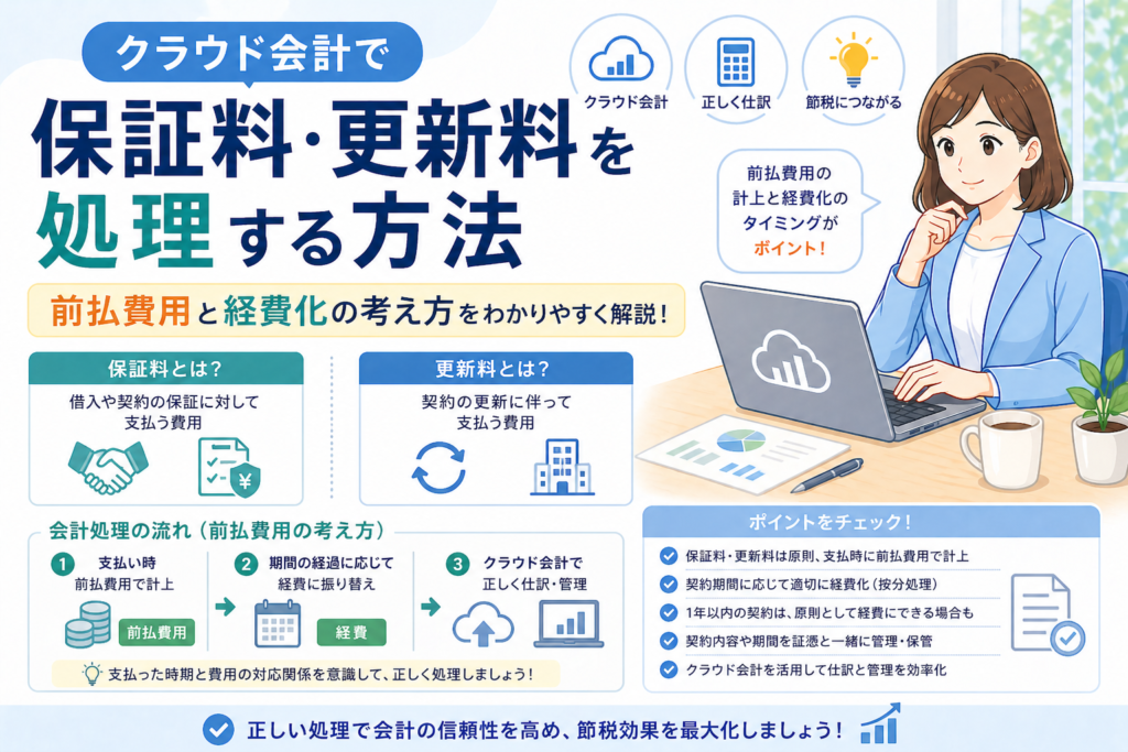 クラウド会計で保証料・更新料を処理する際の、前払費用の考え方や経費化のタイミング、仕訳の注意点をわかりやすく示したアイキャッチ画像