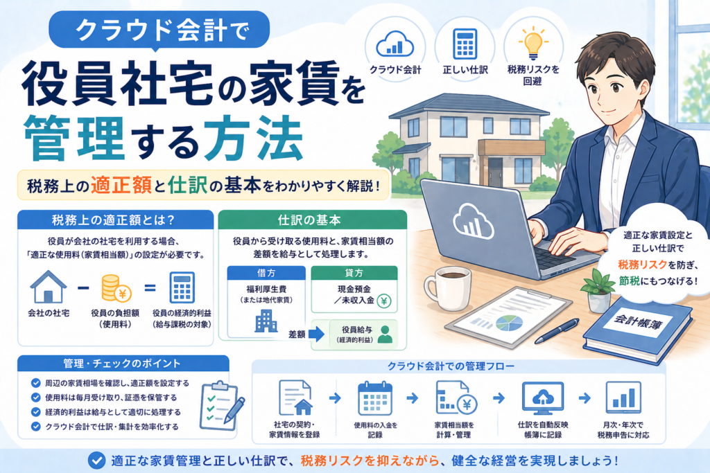 クラウド会計で役員社宅の家賃を管理する方法や、税務上の適正額、家賃相当額の設定、仕訳の基本をわかりやすく示したアイキャッチ画像