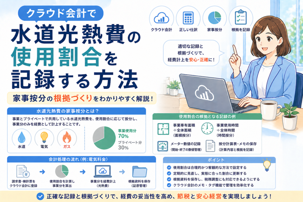 クラウド会計で水道光熱費の使用割合を記録し、家事按分の根拠づくりや経費計上の判断ポイントをわかりやすく示したアイキャッチ画像