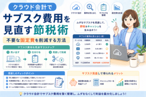 クラウド会計でサブスク費用を見直し、不要な固定費の削減や節税につながる管理方法をわかりやすく示したアイキャッチ画像