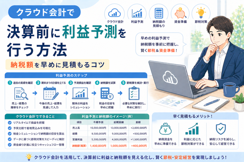 クラウド会計で決算前に利益予測を行い、納税額を早めに見積もる方法や節税対策の検討ポイントをわかりやすく示したアイキャッチ画像