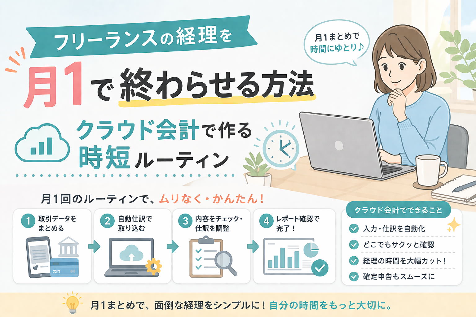フリーランスの経理を月1回で効率よく終わらせる方法について、クラウド会計を使った時短ルーティンをわかりやすく表したアイキャッチ画像