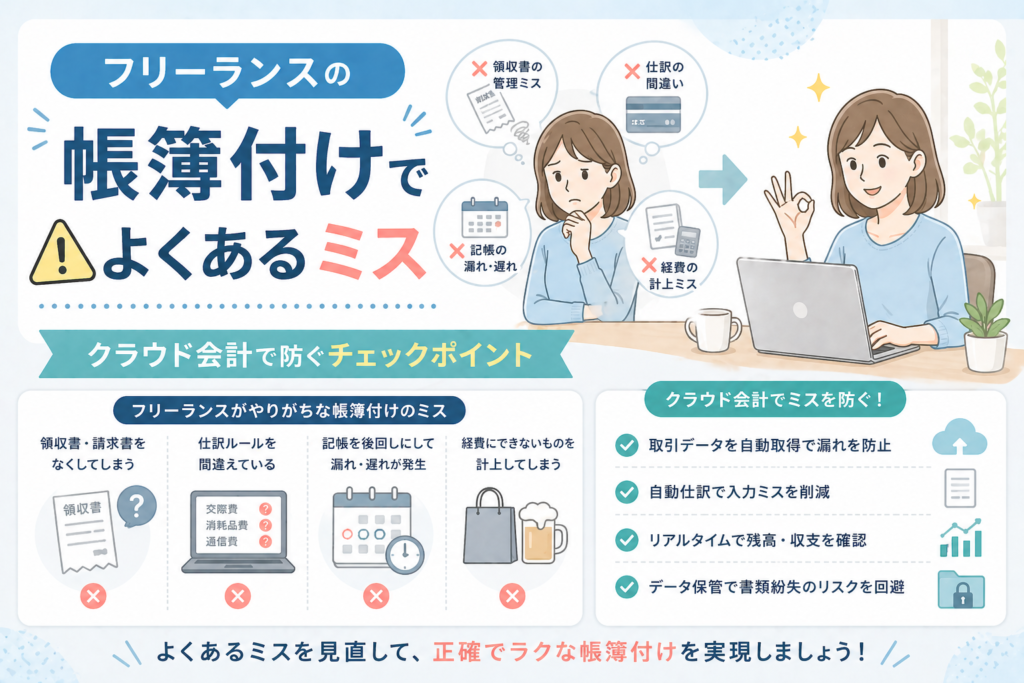 フリーランスの帳簿付けでよくあるミスと、クラウド会計で入力漏れや仕訳間違いを防ぐチェックポイントをわかりやすく表したアイキャッチ画像