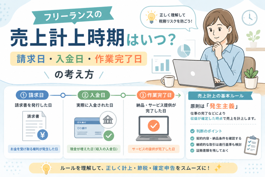 フリーランスの売上計上時期について、請求日・入金日・作業完了日の違いと発生主義の考え方をわかりやすく表したアイキャッチ画像