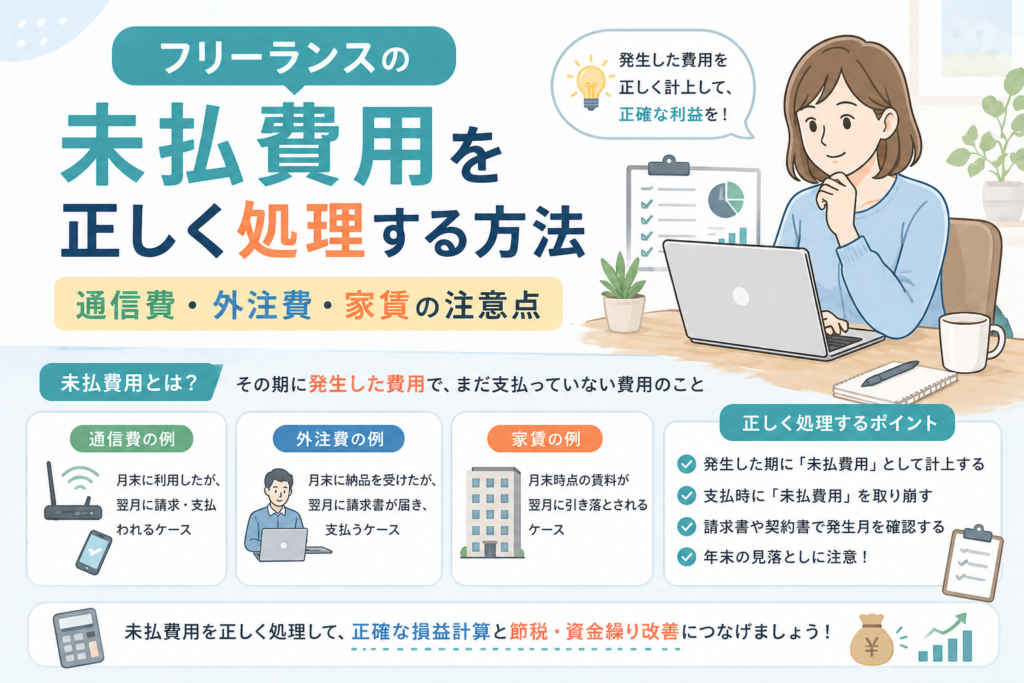 フリーランスの未払費用について、通信費・外注費・家賃を正しく処理するポイントをクラウド会計の画面やチェックリストでわかりやすく表したアイキャッチ画像