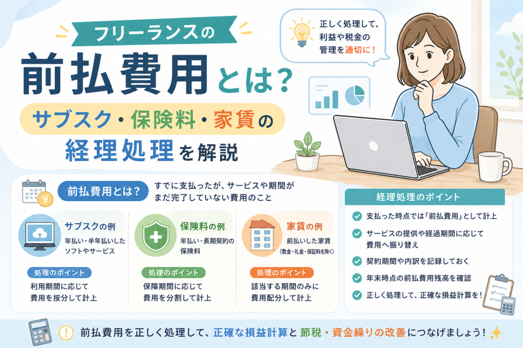 フリーランスの前払費用について、サブスク・保険料・家賃の経理処理や費用配分の考え方をわかりやすく表したアイキャッチ画像
