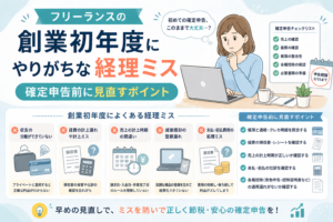 フリーランスの創業初年度にやりがちな経理ミスと、確定申告前に見直すべき売上・経費・控除・未払費用のチェックポイントをわかりやすく表したアイキャッチ画像