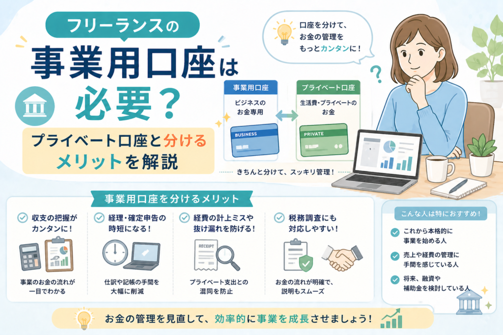 フリーランスが事業用口座とプライベート口座を分けるメリットについて、収支管理や確定申告の効率化をわかりやすく表したアイキャッチ画像