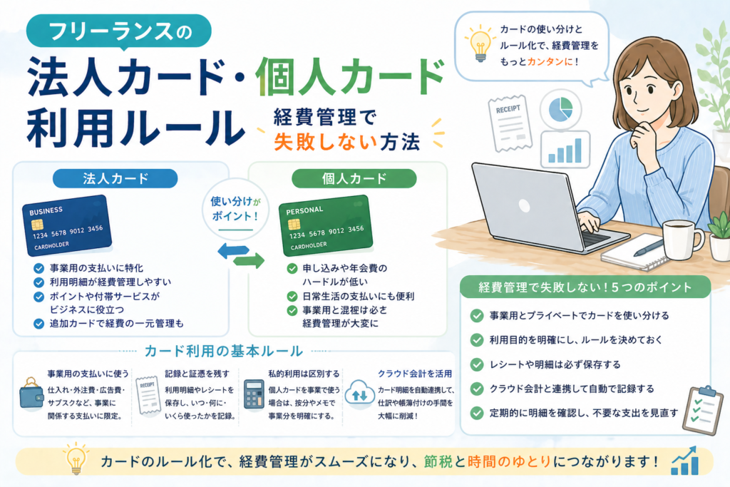 フリーランスが法人カードと個人カードを使い分けるルールについて、経費管理で失敗しないポイントをわかりやすく表したアイキャッチ画像