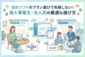 会計ソフトのプラン選びをテーマにした解説記事のアイキャッチ画像。中央上部に「会計ソフトのプラン選びで失敗しない！個人事業主・法人別の最適な選び方」という見出しがあり、左側にカフェでパソコンを操作する女性（個人事業主イメージ）、右側にオフィスでタブレットを囲むチーム（法人イメージ）、中央にグラフが表示されたダッシュボード画面が描かれた清潔感のあるイラスト。