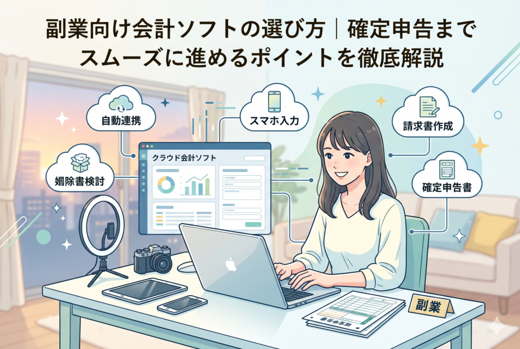 デスクで笑顔でパソコンを操作する女性のイラスト。パソコン画面にはクラウド会計ソフトが表示され、周りには「自動連携」「スマホ入力」「確定申告書」などの吹き出しが浮かんでいる。リングライトやカメラもあり、副業での活用をイメージさせ、「副業向け会計ソフトの選び方」の記事タイトルが中央上に書かれている。