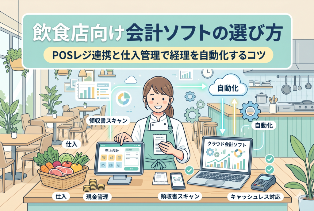 飲食店の店内で、店主がPOSレジとクラウド会計ソフトを連携させ、スマートフォンの領収書スキャン機能を活用して仕入管理や現金管理を効率化しているイラスト。清潔感のある背景に、自動化やキャッシュレス対応の要素が描かれている。