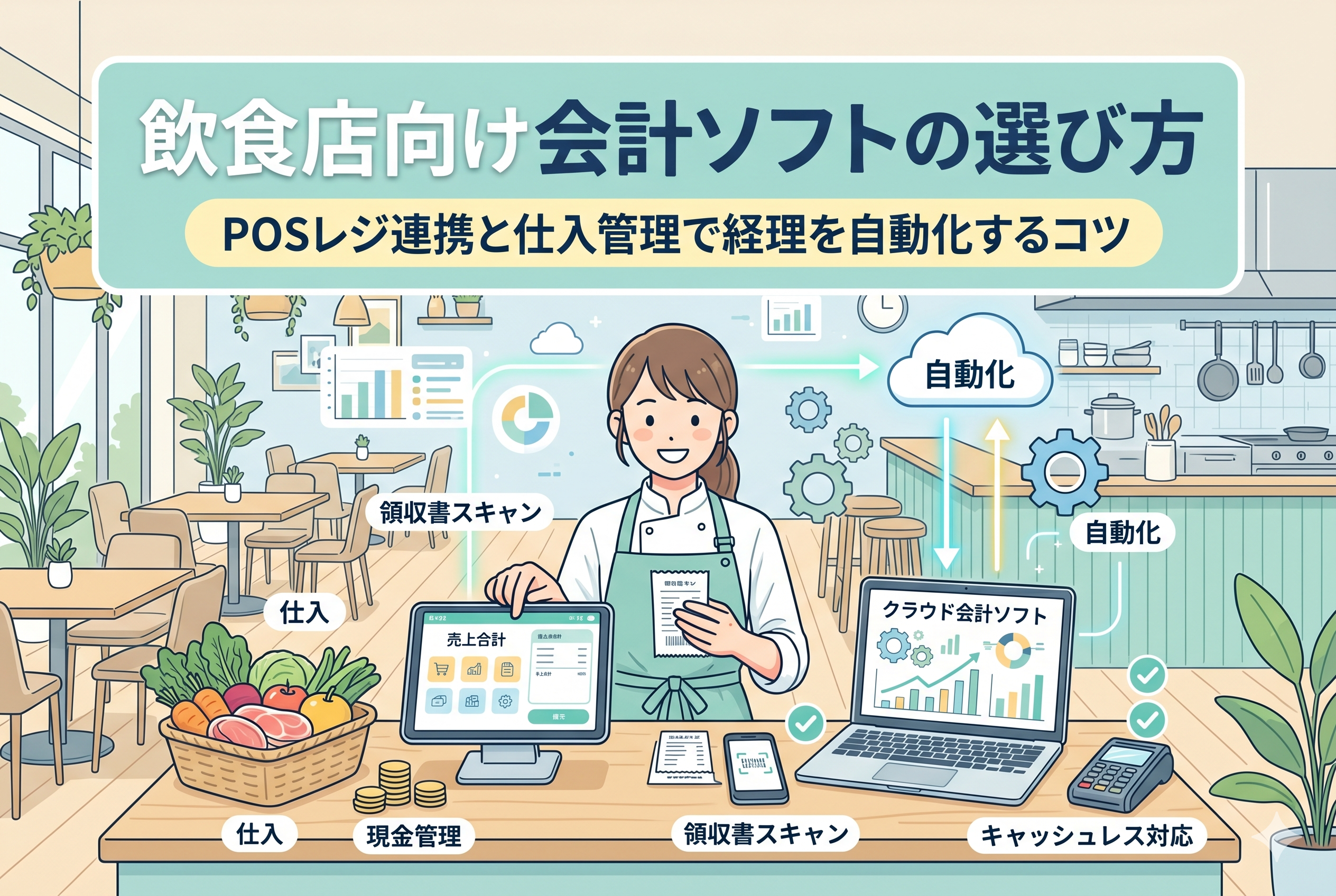 飲食店の店内で、店主がPOSレジとクラウド会計ソフトを連携させ、スマートフォンの領収書スキャン機能を活用して仕入管理や現金管理を効率化しているイラスト。清潔感のある背景に、自動化やキャッシュレス対応の要素が描かれている。