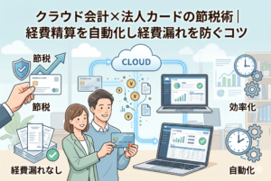 クラウド会計と法人カードを連携させて節税と経費精算の効率化を行う方法を図解したインフォグラフィックイラスト。笑顔のビジネスマンとビジネスウーマンがクレジットカードを持ち、 Yen（円）や領収書がクラウドアイコンとノートパソコンの会計画面に流れる様子を描いている。周囲のアイコンとテキストで、節税（節税）、効率化（効率化）、自動化（自動化）、経費漏れなし（経費漏れなし）といったメリットを強調しており、日本語のメインタイトルが上部に大きく配置されている。