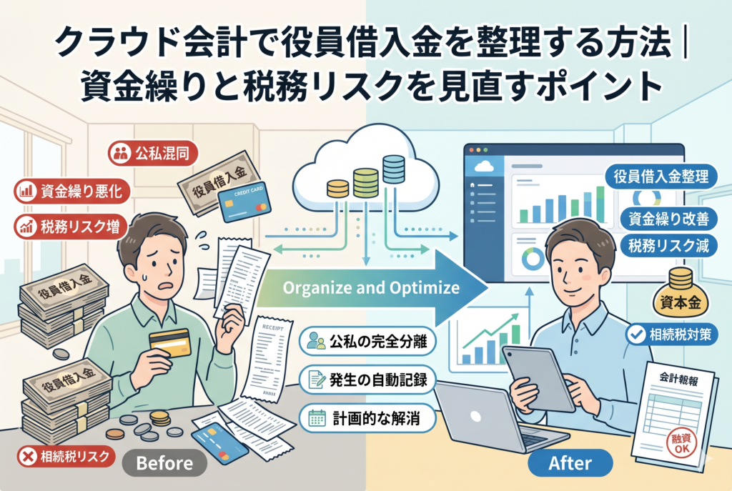 クラウド会計を活用して山積みの役員借入金を整理するプロセスを描いたイラスト。左側の困惑する経営者が「公私混同」や「税務リスク」に悩む状態から、クラウドを通じて「公私の完全分離」や「発生の自動記録」が行われ、右側の笑顔の経営者がクリーンな決算書で「資金繰り改善」や「融資OK」を達成し、税務・相続税リスクが軽減された状態へ変化する様子。