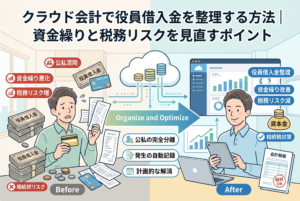 クラウド会計を活用して山積みの役員借入金を整理するプロセスを描いたイラスト。左側の困惑する経営者が「公私混同」や「税務リスク」に悩む状態から、クラウドを通じて「公私の完全分離」や「発生の自動記録」が行われ、右側の笑顔の経営者がクリーンな決算書で「資金繰り改善」や「融資OK」を達成し、税務・相続税リスクが軽減された状態へ変化する様子。