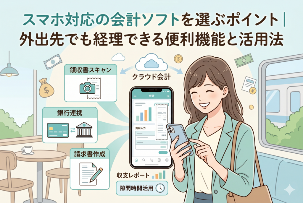 スマホ対応の会計ソフトを選ぶポイントと活用法を解説する記事のアイキャッチ画像。カフェや電車内でもスマートフォンで経理ができる便利機能(領収書スキャン、クラウド会計、銀行連携、請求書作成、収支レポート、隙間時間活用)を、笑顔の女性を中心にイラストで表現しています。