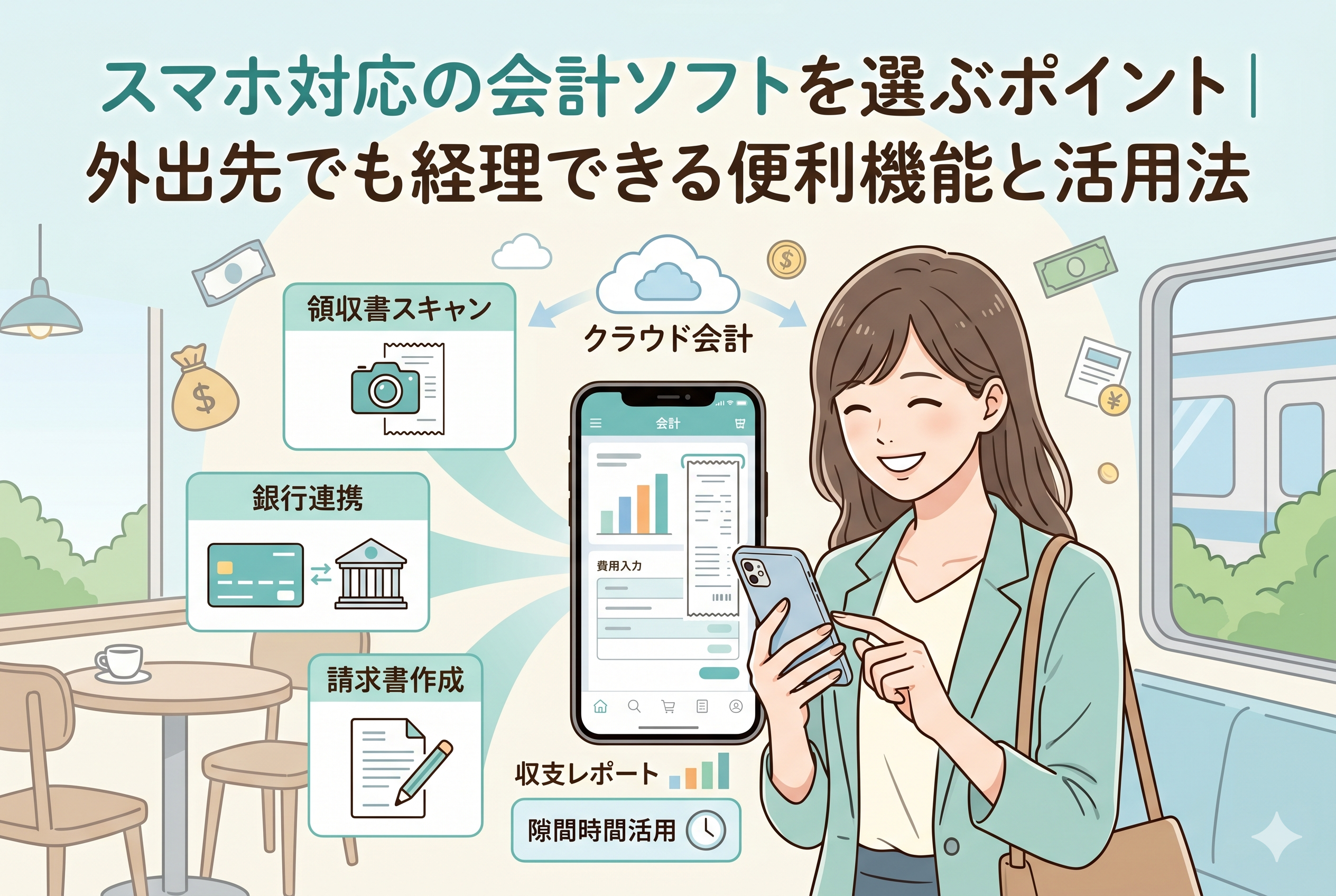 スマホ対応の会計ソフトを選ぶポイントと活用法を解説する記事のアイキャッチ画像。カフェや電車内でもスマートフォンで経理ができる便利機能(領収書スキャン、クラウド会計、銀行連携、請求書作成、収支レポート、隙間時間活用)を、笑顔の女性を中心にイラストで表現しています。