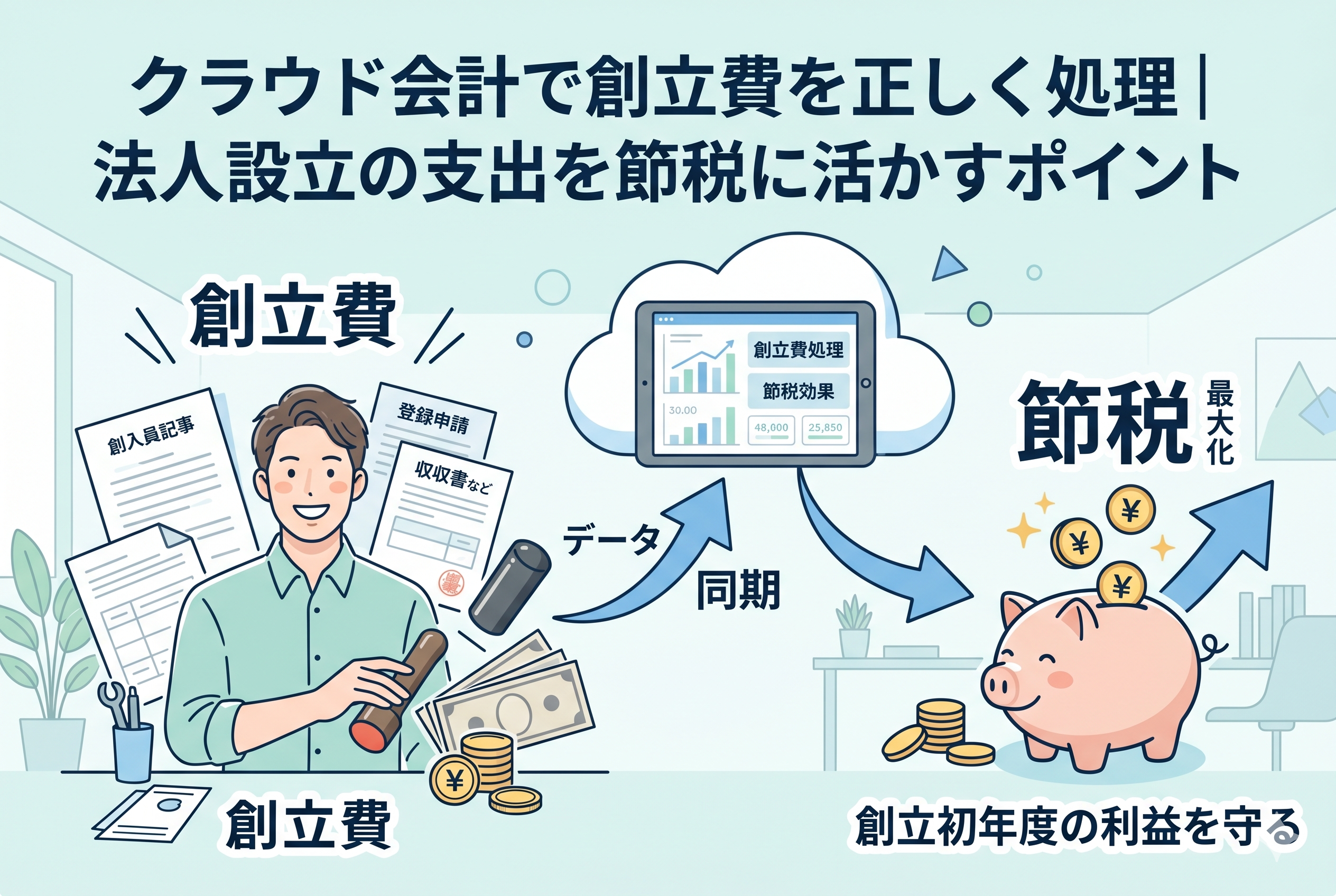 笑顔の男性起業家が、法人設立に必要な会社の印鑑(実印)や定款、登録免許税の領収書、現金などの「創立費」をクラウド会計ソフトにデータ同期させる様子を描いたイラスト。中央のタブレット画面には「創立費処理」「節税効果」と表示され、そこから右側の「節税」と書かれた豚の貯金箱へ矢印が伸びている。「創立初年度の利益を守る」というキャッチコピーと共に、設立時の支出が資産として管理され、将来の節税に繋がる仕組みを視覚化している。
