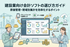 建設現場のスタッフとオフィススタッフが協力し、会計ソフトで「現場別収支」や「原価計算」のデータを確認しているイラスト。背景にはクレーンなどの現場風景があり、スマートフォンからの経費入力や自動集計による業務効率化を視覚的に表現している。