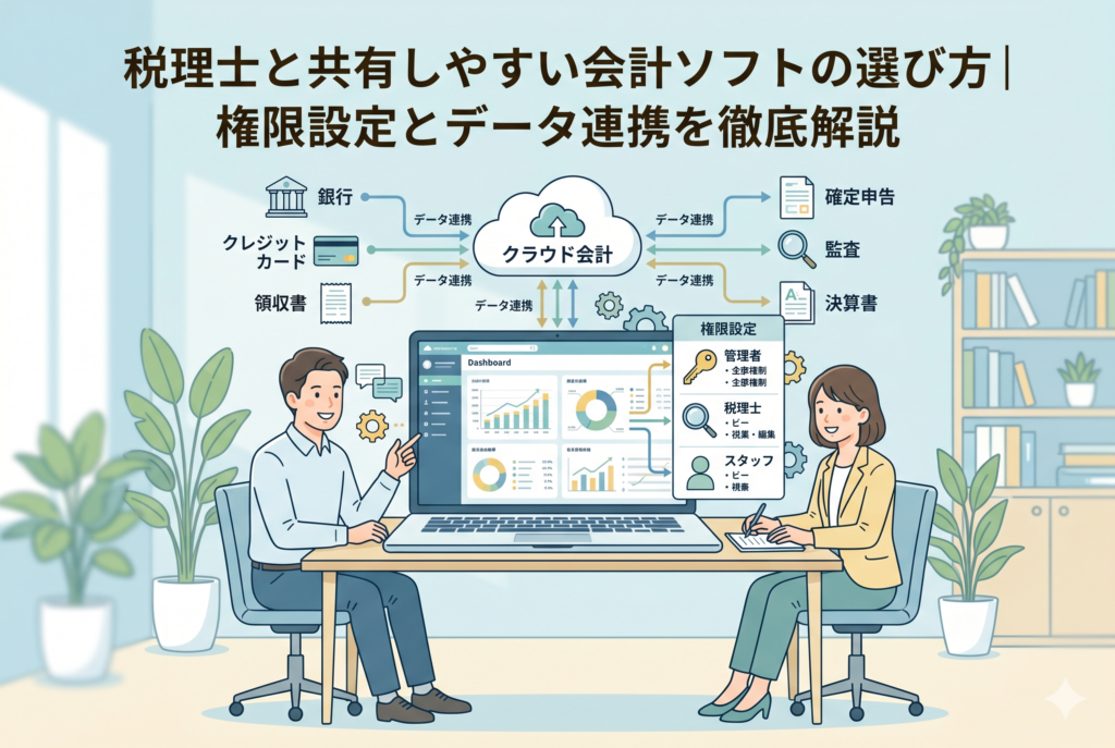 経営者と税理士がノートパソコンを囲んでクラウド会計ソフトの画面を共有しているイラスト。銀行やカードからのデータ連携の仕組みと、「管理者」「税理士」「スタッフ」それぞれの権限設定(閲覧・編集)の使い分けが視覚的に描かれた、清潔感のあるアイキャッチ画像。