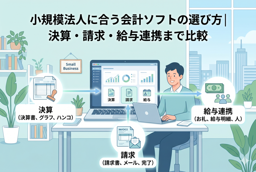 明るいオフィスで小規模法人の経営者がパソコンを操作し、会計ソフトを通じて「決算」「請求」「給与連携」の各業務がシームレスに繋がっている様子を表現したイラスト。