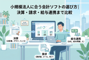 明るいオフィスで小規模法人の経営者がパソコンを操作し、会計ソフトを通じて「決算」「請求」「給与連携」の各業務がシームレスに繋がっている様子を表現したイラスト。
