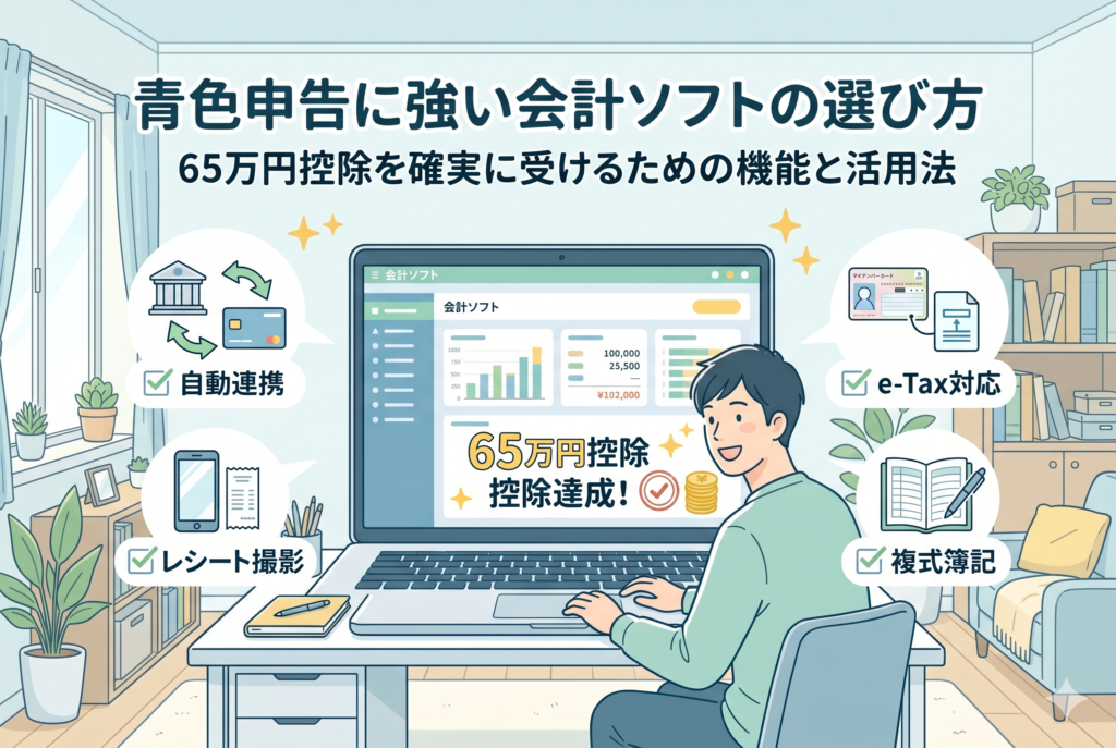 「青色申告に強い会計ソフトの選び方|65万円控除を確実に受けるための機能と活用法」というタイトルのアイキャッチ画像。男性がデスクで会計ソフトを操作し「65万円控除達成」と表示された画面を見て喜んでいる。周囲には「自動連携」「e-Tax対応」「レシート撮影」「複式簿記」という4つの主要機能のアイコンがチェックボックス付きで描かれた、親しみやすい精緻なイラスト。