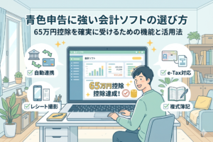 「青色申告に強い会計ソフトの選び方｜65万円控除を確実に受けるための機能と活用法」というタイトルのアイキャッチ画像。男性がデスクで会計ソフトを操作し「65万円控除達成」と表示された画面を見て喜んでいる。周囲には「自動連携」「e-Tax対応」「レシート撮影」「複式簿記」という4つの主要機能のアイコンがチェックボックス付きで描かれた、親しみやすい精緻なイラスト。