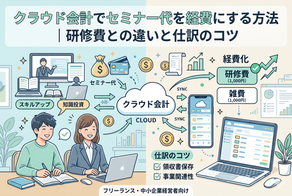クラウド会計でセミナー代を正しく経費処理する流れを図解したイラスト。左側では男女が「スキルアップ」「知識投資」のために学習している様子が描かれ、中央のクラウドアイコンへ支払いデータが同期されている。右側では、それらの支出を単なる「雑費」ではなく「研修費」として適切に分類し、領収書保存や事業関連性のチェックを行う重要性が示されている。下部には「フリーランス・中小企業経営者向け」との記載があり、戦略的な経理管理をイメージしている。