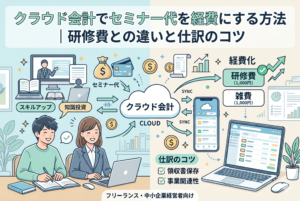 クラウド会計でセミナー代を正しく経費処理する流れを図解したイラスト。左側では男女が「スキルアップ」「知識投資」のために学習している様子が描かれ、中央のクラウドアイコンへ支払いデータが同期されている。右側では、それらの支出を単なる「雑費」ではなく「研修費」として適切に分類し、領収書保存や事業関連性のチェックを行う重要性が示されている。下部には「フリーランス・中小企業経営者向け」との記載があり、戦略的な経理管理をイメージしている。
