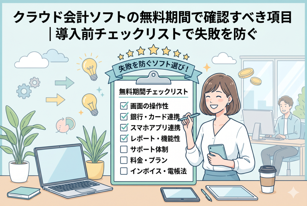 クラウド会計ソフトの無料期間中に確認すべきチェックリストを手に、笑顔でスマートフォンを操作する女性のイラスト。チェックリストには操作性、銀行連携、スマホアプリ、インボイス・電帳法対応などの項目が記されており、失敗しないソフト選びを表現している。