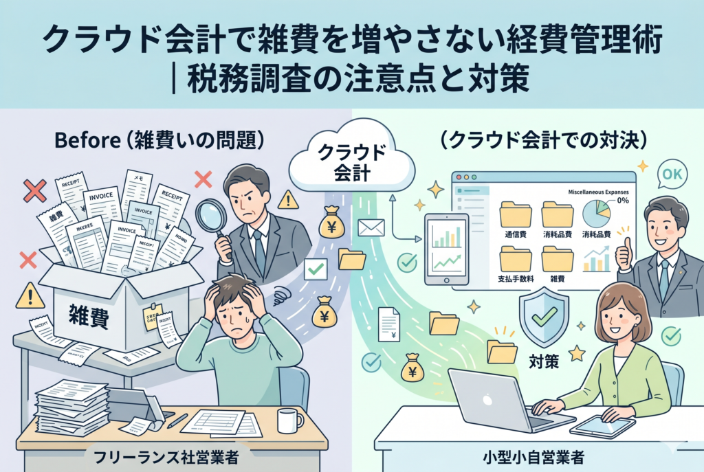 雑費の肥大化による税務調査リスクと、クラウド会計による解決策を対比させたイラスト。左側の「Before」では、経営者が「雑費」と書かれた箱から溢れる大量の領収書を前に頭を抱え、厳しい表情の税務調査官が拡大鏡でチェックしている。右側の「After」では、女性がクラウド会計を活用し、経費を「通信費」「消耗品費」「支払手数料」などのフォルダへ適切に分類。雑費の割合が劇的に減り、調査官からも「OK」のサインが出ている様子を表現している。