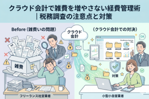 雑費の肥大化による税務調査リスクと、クラウド会計による解決策を対比させたイラスト。左側の「Before」では、経営者が「雑費」と書かれた箱から溢れる大量の領収書を前に頭を抱え、厳しい表情の税務調査官が拡大鏡でチェックしている。右側の「After」では、女性がクラウド会計を活用し、経費を「通信費」「消耗品費」「支払手数料」などのフォルダへ適切に分類。雑費の割合が劇的に減り、調査官からも「OK」のサインが出ている様子を表現している。