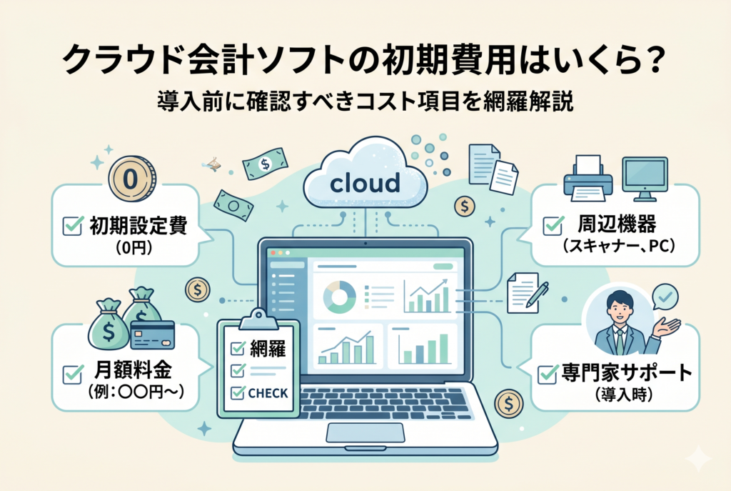 クラウド会計ソフトの初期費用と導入時のコスト項目を解説するアイキャッチ画像。中央のノートパソコンを囲むように、初期設定費（0円）、月額料金、周辺機器（スキャナー・PC）、専門家サポートといった確認すべきチェックリストがアイコンと共に整理されたイラスト。