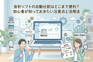 会計ソフトの自動仕訳機能を解説するアイキャッチ画像。中央のノートパソコンに銀行口座、クレジットカード、オンラインショップ、領収書のデータがクラウドを通じて自動仕訳される構図。左側には「便利！」と喜ぶ男性、右側には「注意点（データの確認、科目ミス、プライベート混入）」のリストを虫眼鏡でチェックする女性が描かれたイラスト。