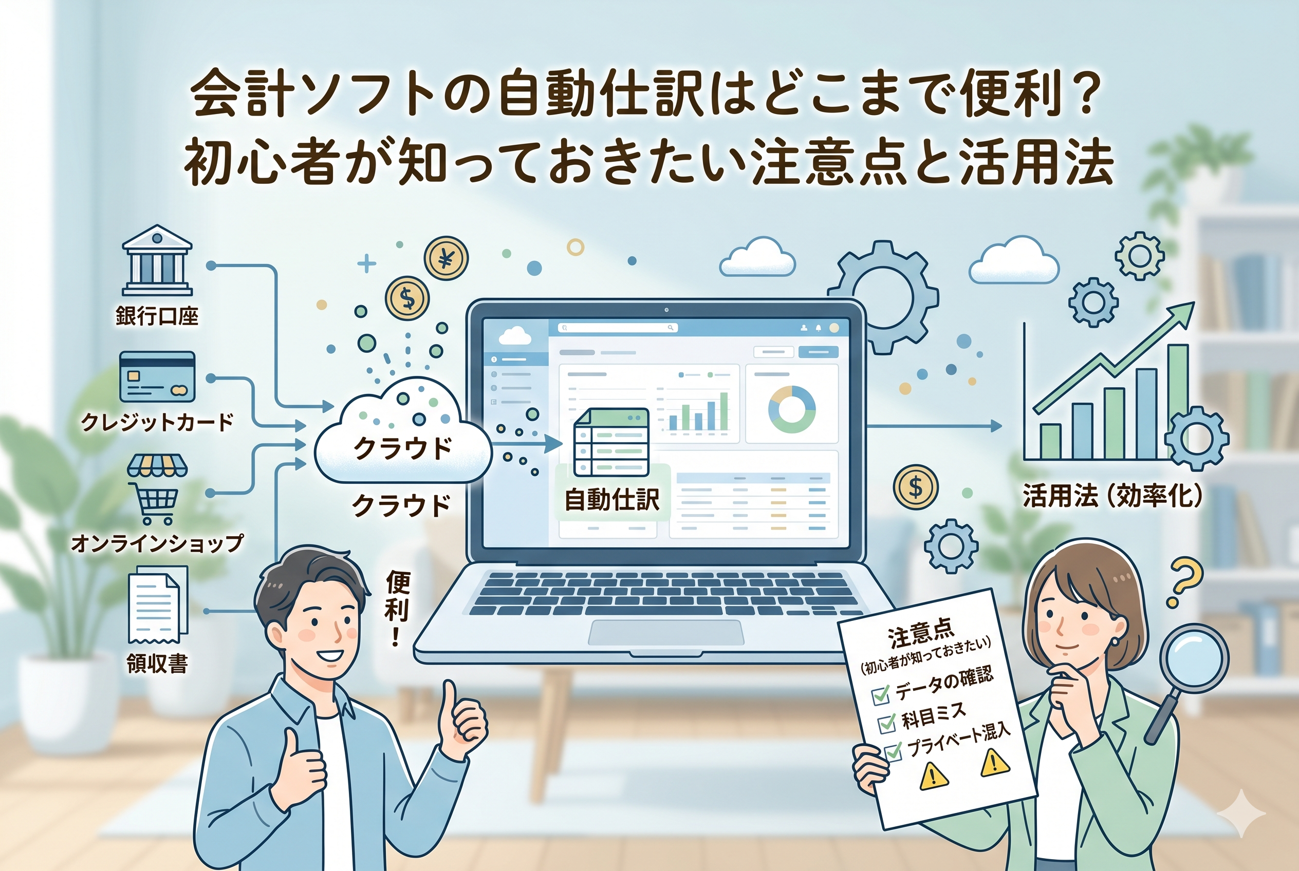 会計ソフトの自動仕訳機能を解説するアイキャッチ画像。中央のノートパソコンに銀行口座、クレジットカード、オンラインショップ、領収書のデータがクラウドを通じて自動仕訳される構図。左側には「便利!」と喜ぶ男性、右側には「注意点(データの確認、科目ミス、プライベート混入)」のリストを虫眼鏡でチェックする女性が描かれたイラスト。