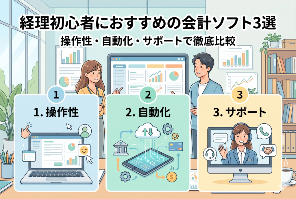 「経理初心者におすすめの会計ソフト3選」という見出しが入ったアイキャッチ画像。1.操作性、2.自動化、3.サポートの3つの比較ポイントがアイコンとイラストで分かりやすくパネル化されており、明るいオフィスで男女がパソコンのダッシュボードを眺めている清潔感のあるデザイン。